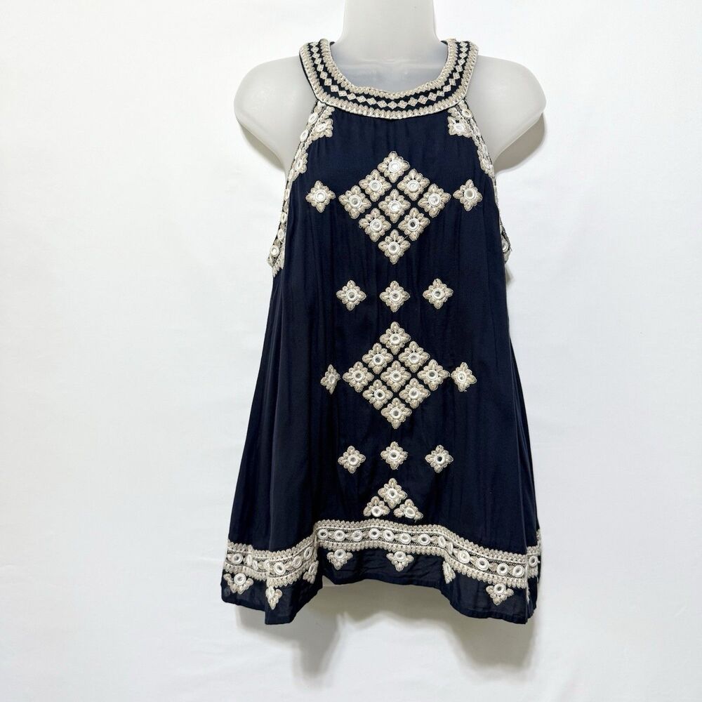 Saffire Navy Blue Crochet Embroidered  Boho Festival Peasant Sleeveless Top S